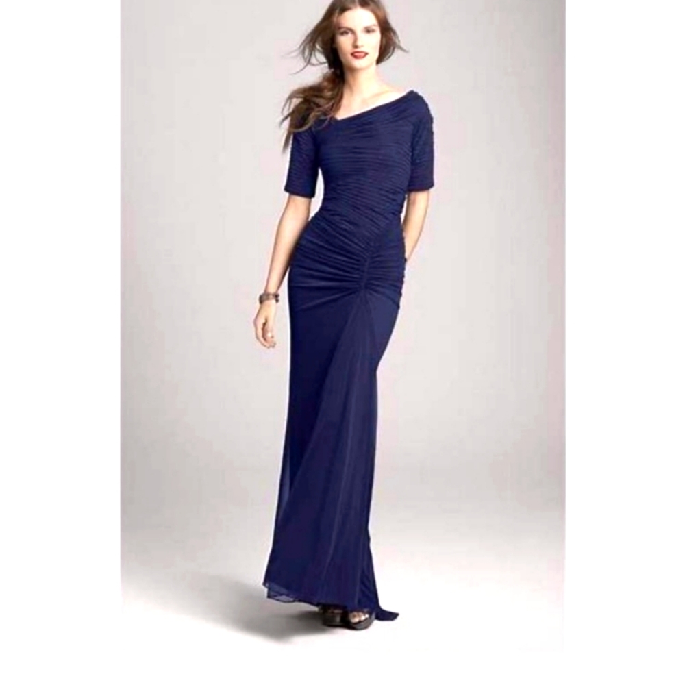 Tadashi Shoji Asymmetrical Ruched mesh gown size Xs